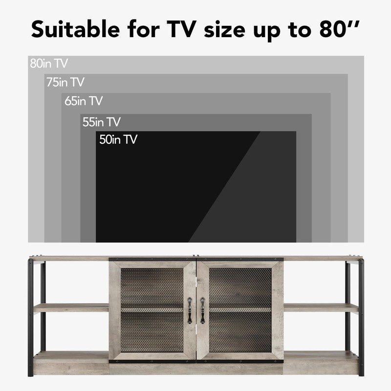 Rustic Media Console Table 75/80 Inch Industrial Double Mesh Doors Storage Cabin gallery