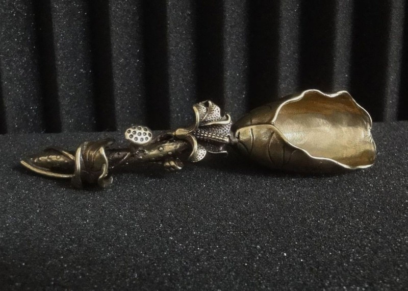 Vintage Style Solid Brass Copper Lotus Flower Statue Shovel Spoon Tea Tool gallery