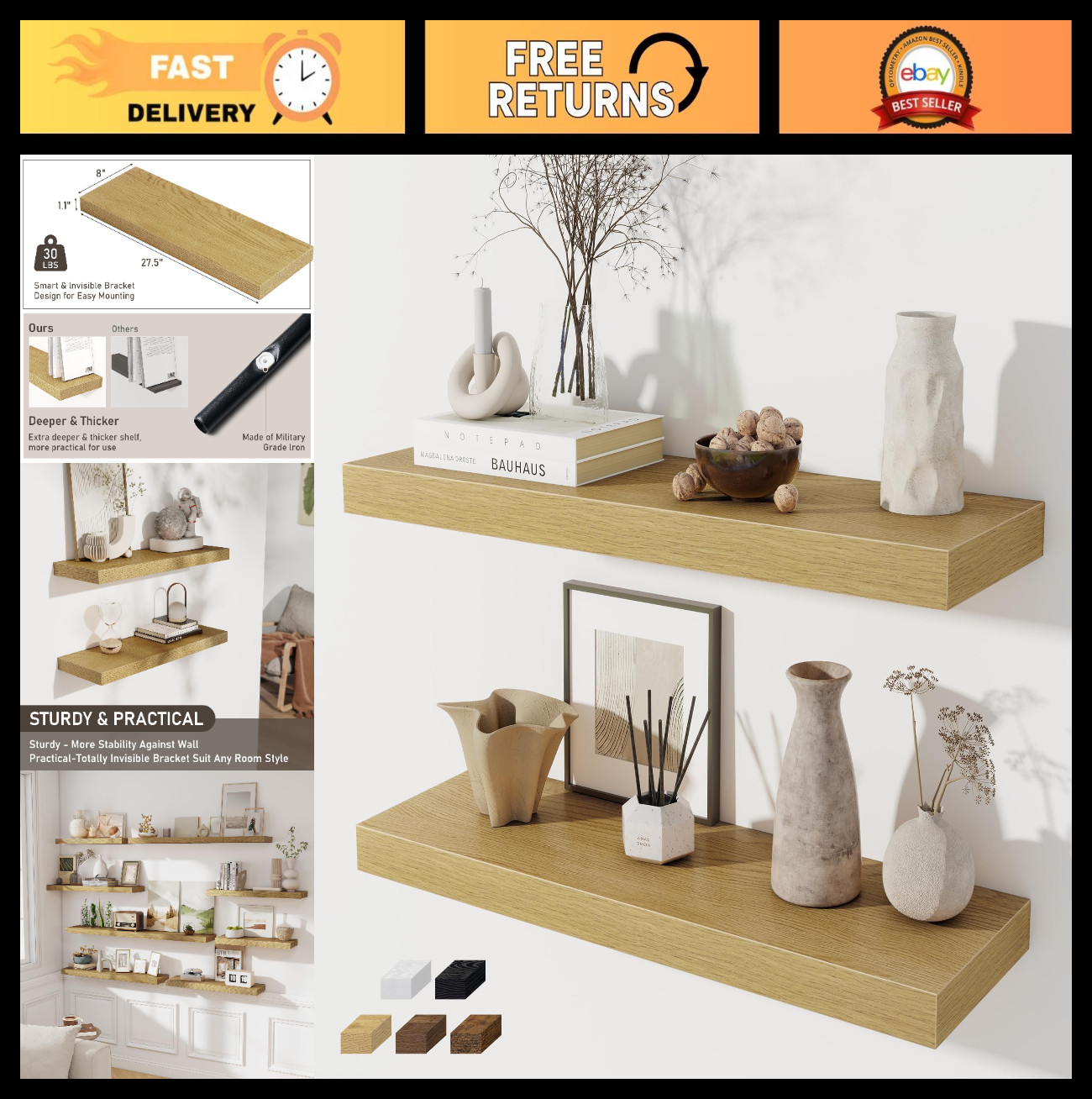 Set of 2 Rustic 28-Inch Floating Wall Shelves - Wood Storage for Home Decor, Bat gallery