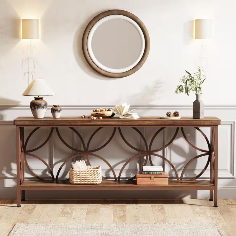 70.9 In. Walnut Cherry Brown Rectangle Engineered Wood Console Table with Storag gallery