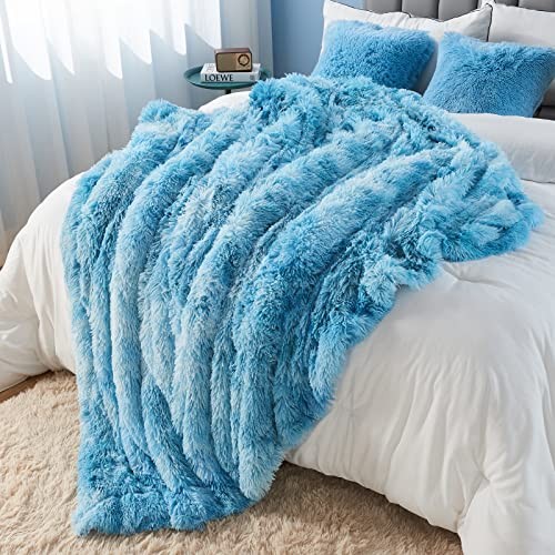 Fuzzy Faux Fur Throw Blanket Twin Size Super Twin(60"x80") Tie-dye Ocean Blue gallery