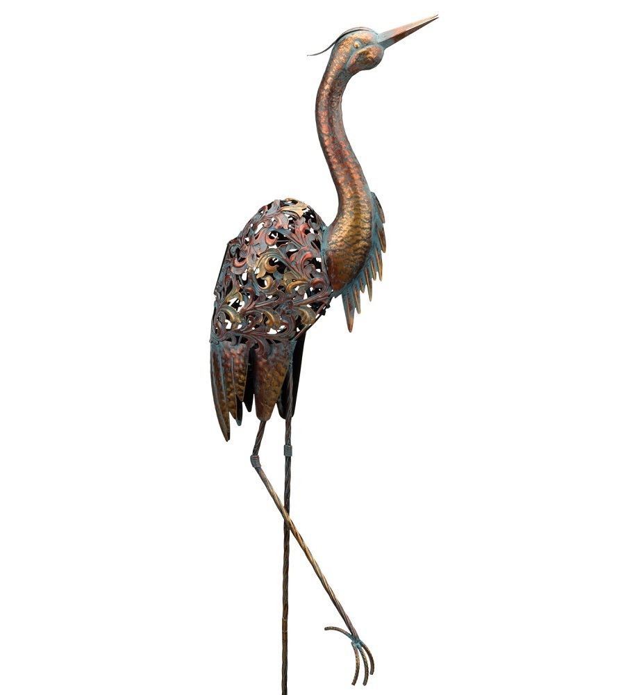 Solar Heron Stake Garden Copper Patina Metal Statue Crane Bird Sculpture 46" gallery