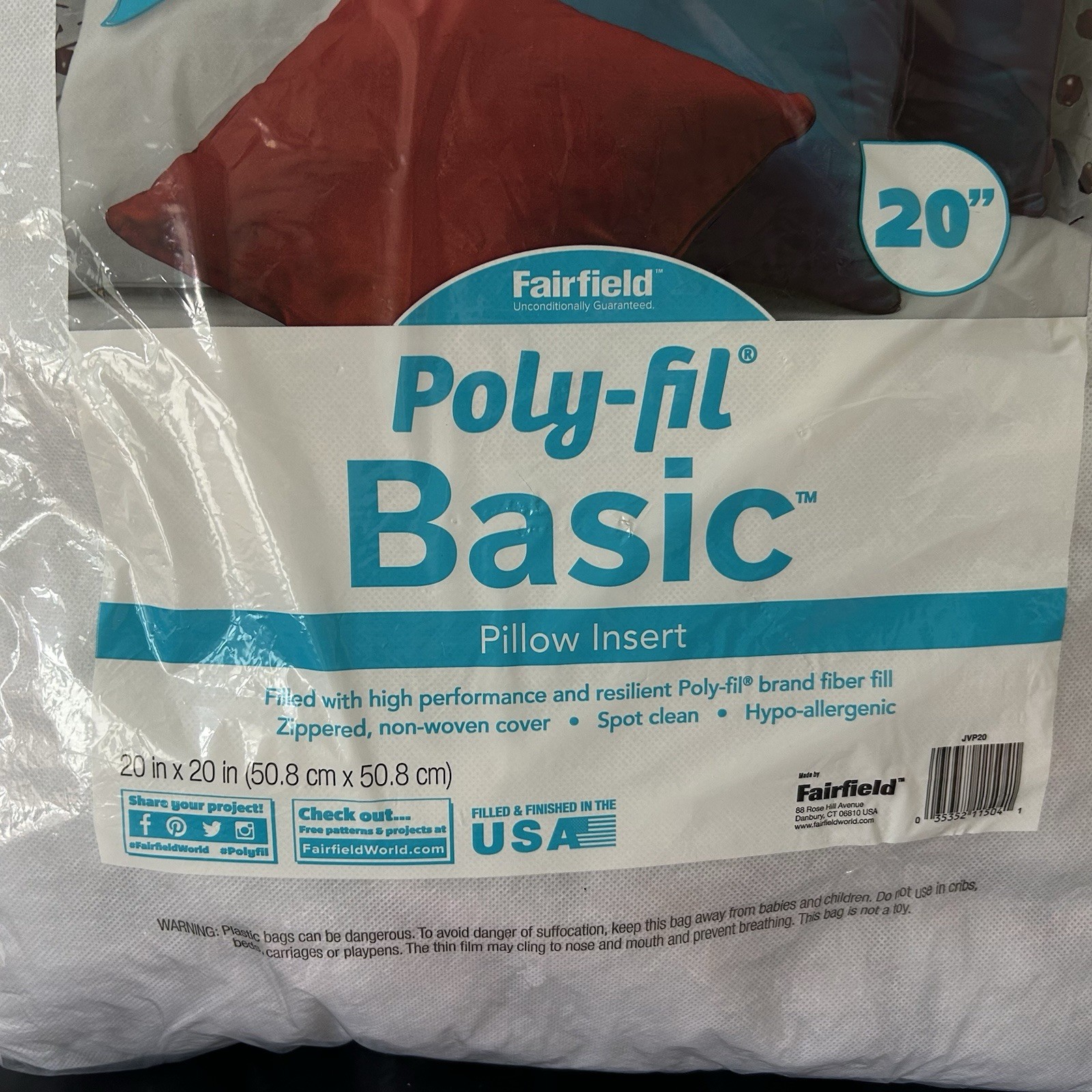 Fairfield Poly-Fil Basic Pillow Insert Square 20" by 20" White Made in USA gallery