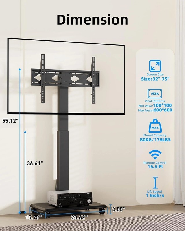 Mobile Electric Height Adjustable TV Stand for 32-75 Inch TVs, 176 lbs Capacity gallery