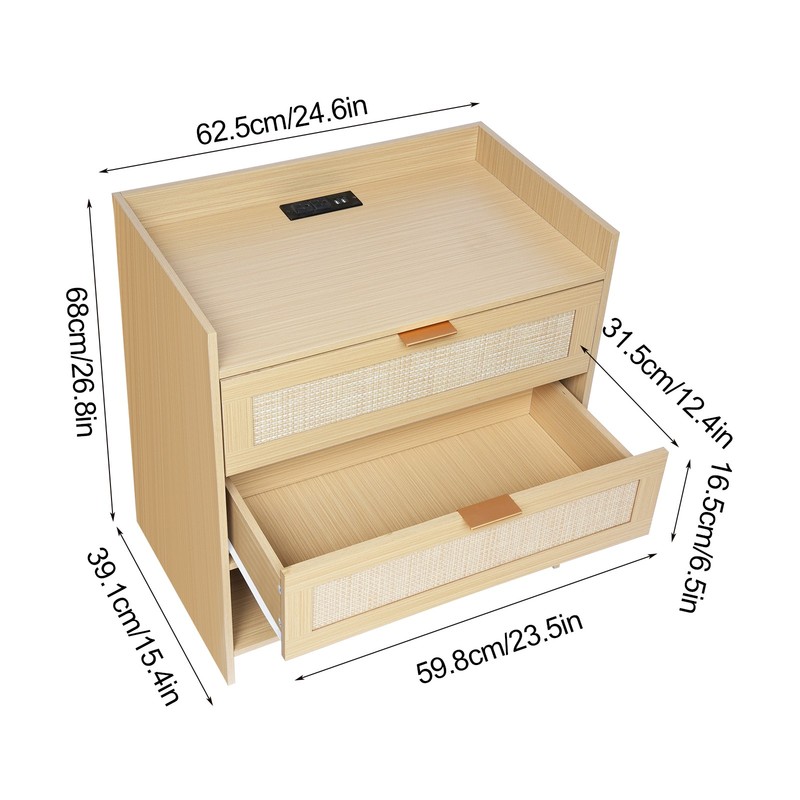 Charging Nightstand with Outlets & USB, 2 Rattan Drawers, Modern Farmhouse Style gallery