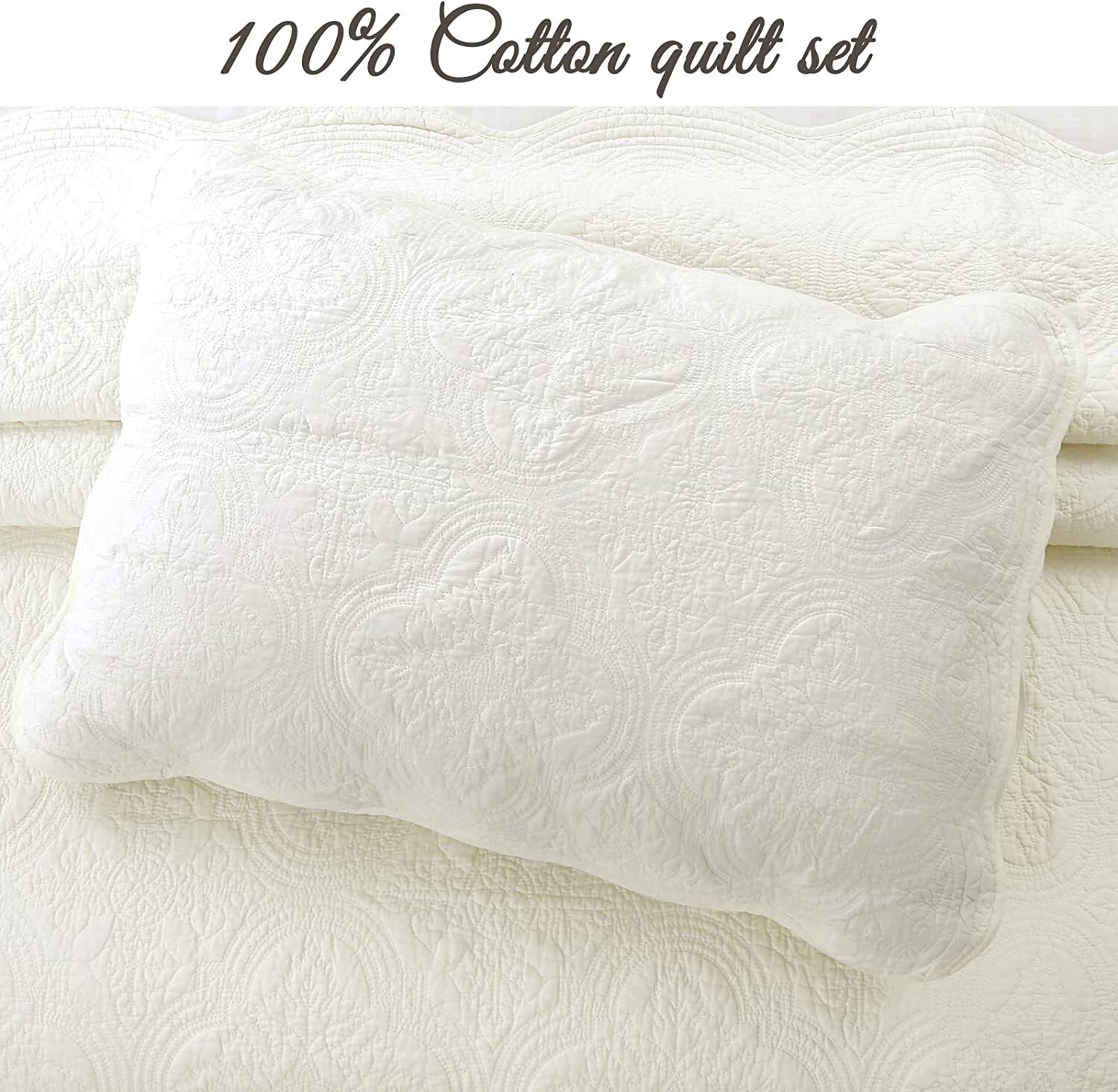 IVORY MATELASSE 100% Cotton QUILT SET : COZY MEDALLION BEAUTIFUL CHIC SHABBY gallery
