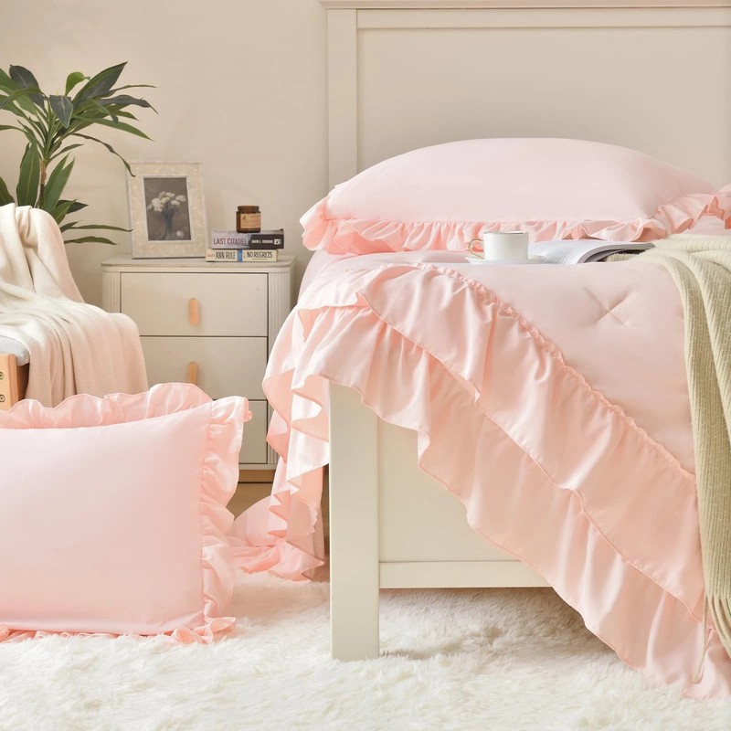 Blush Pink Comforter Set Queen, 3Pcs Comforters Queen Size Ruffle Farmhouse B... gallery