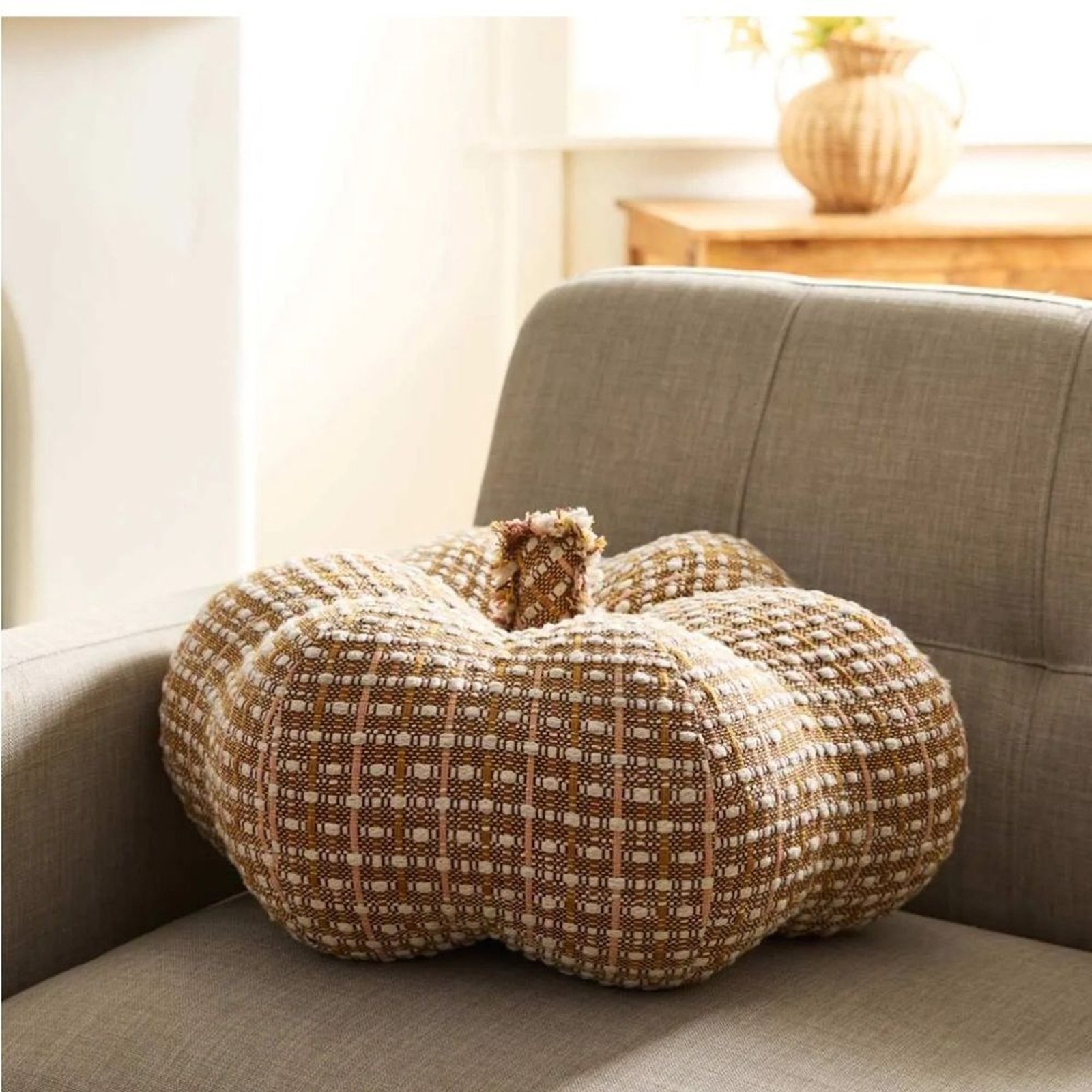 At Home Yarn Dyed Woven Pumpkin Shaped Boucle Tweed Throw Pillow NEW gallery