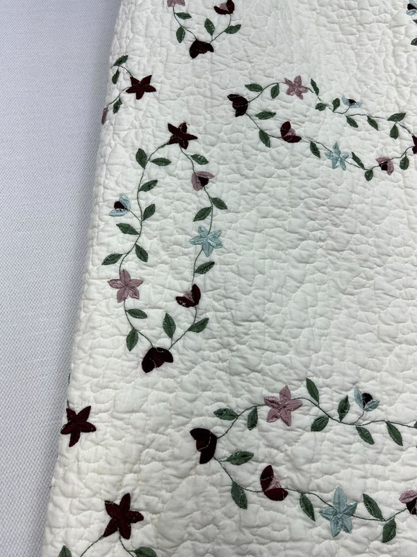Traditional Embroidered Multicolor Floral Cotton Quilt White Red Trim Bedding gallery