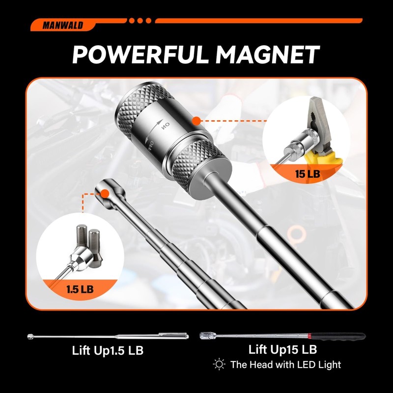 Telescoping Magnetic Pickup Tool Set, Extendable Flashlight & 360° Mirror - Perf gallery