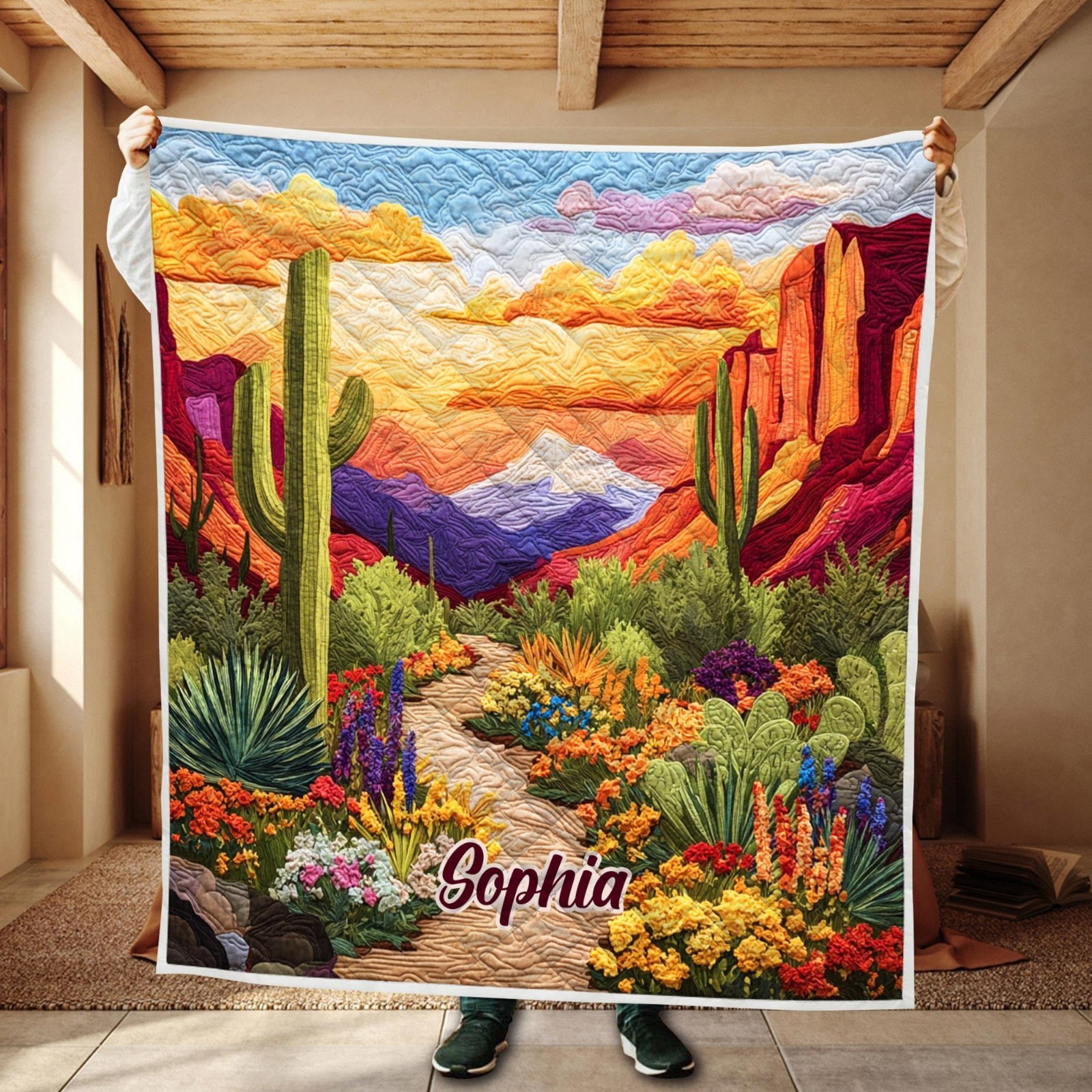 Custom Desert Landscape Quilt Blanket Cactus Sunset Throw Cozy Gift Idea Soft gallery