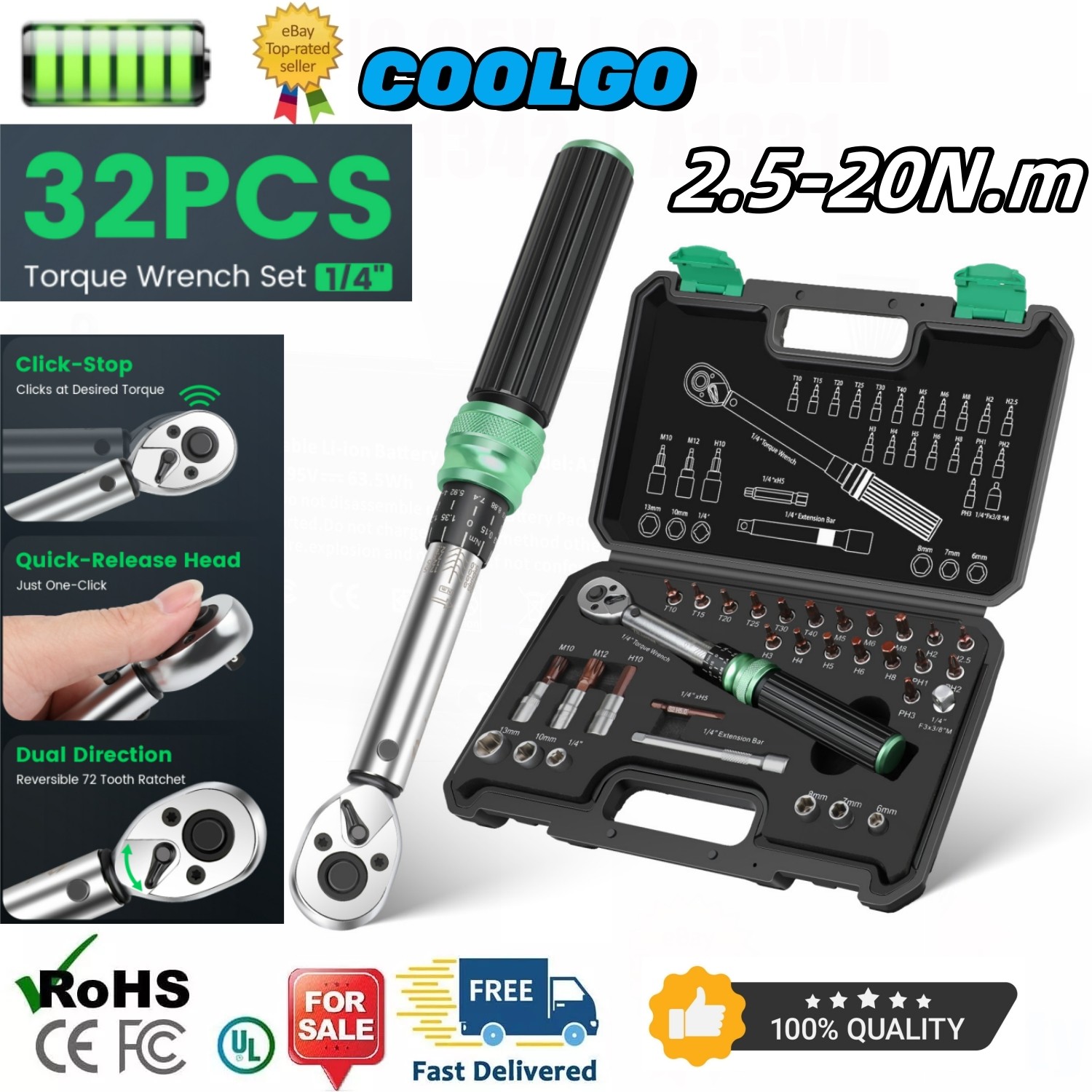 1/4-inch Drive Click Torque Wrench Dual-Range 1.84-14.76 FT.LB/2.5-20N.M gallery