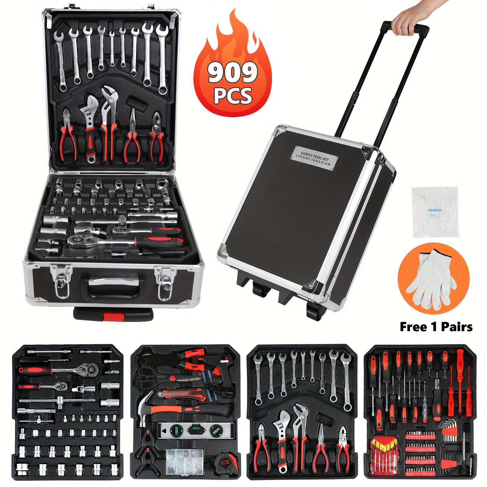 909 PCS Tool Set Mechanics Tool Kit Wrenches Socket Repair Tool Case w/wheels gallery