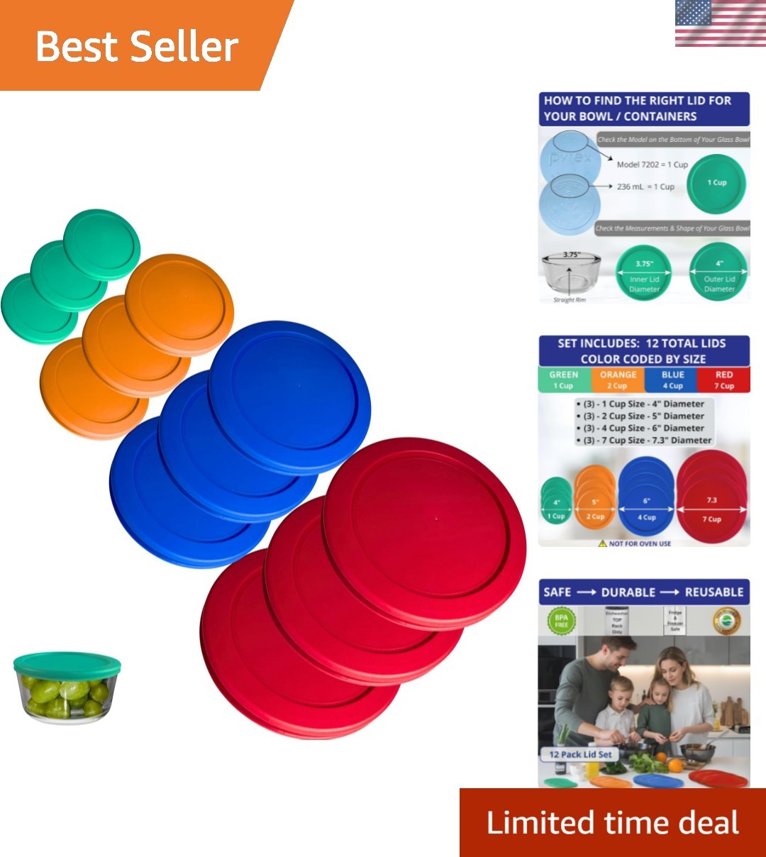 1, 2, 4 & 7 Cup Green, Orange, Blue, Red Replacement Lids/Covers for Pyrex, A... gallery