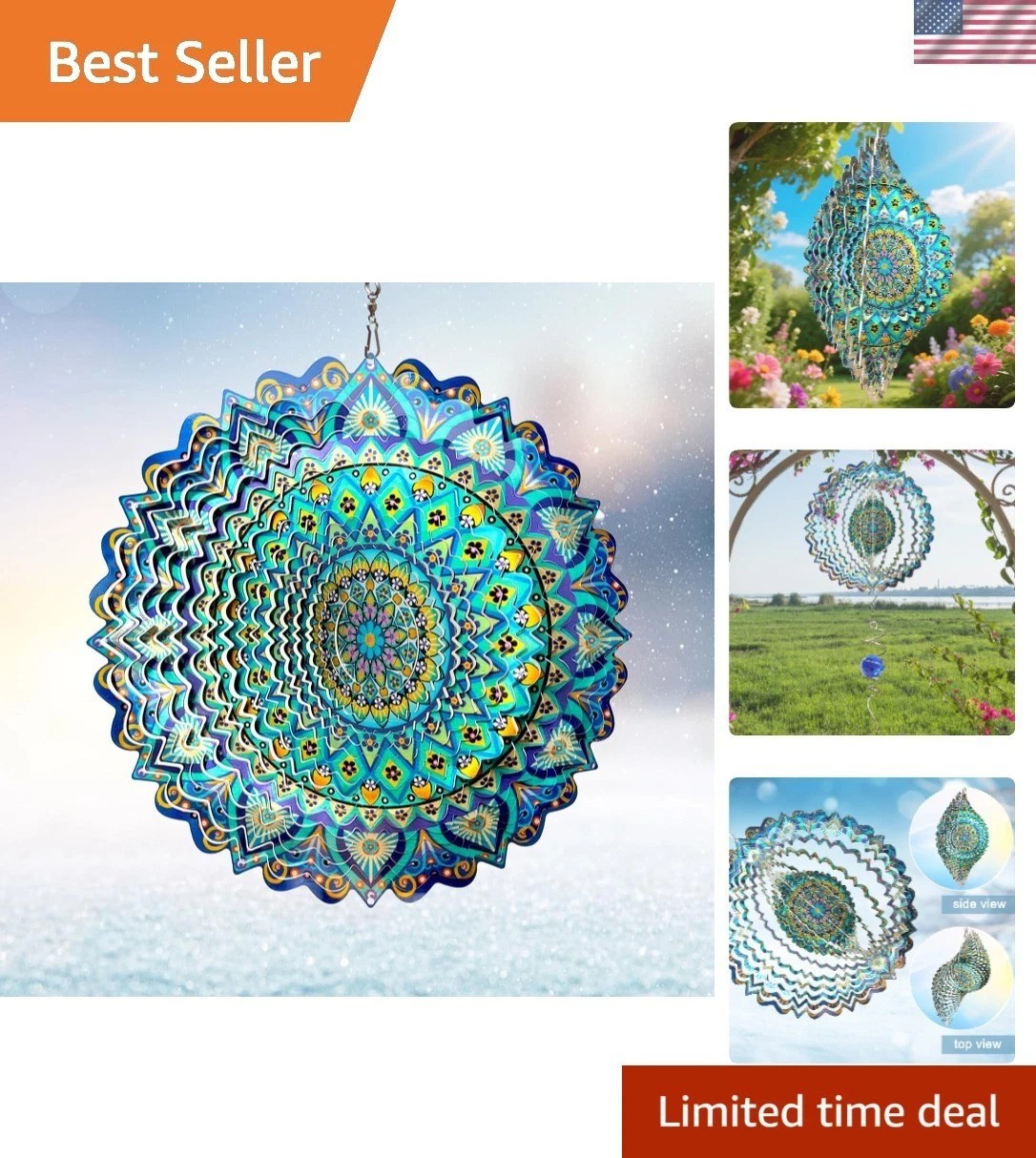 Mandala Peacock Wind Spinner - 12'' Laser Cut Stainless Steel Outdoor Decor gallery