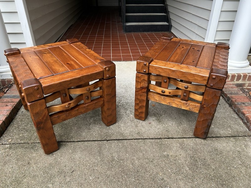 1970s Null Rustic Modern Knotty Pine Lodge End Tables Pair Vintage gallery