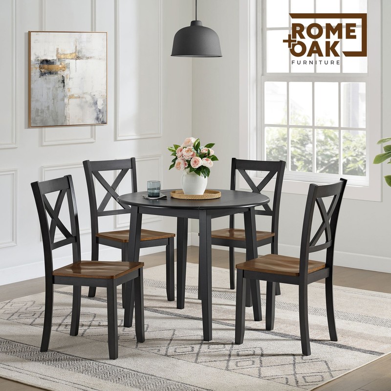 ROME + OAK Hinged Drop Leaf Dining Table, 22 to 36 Inch Round Tabletop, Black gallery