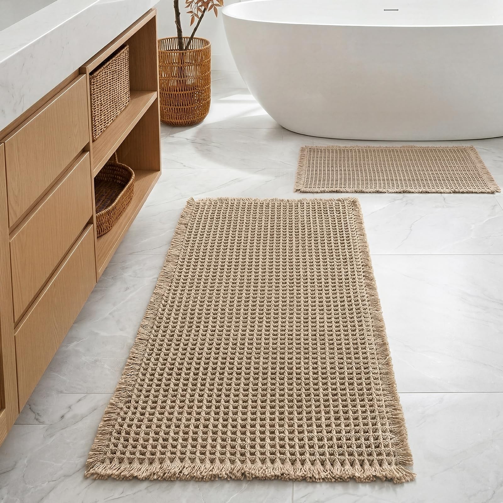 Large Waffle Bath Mat Set Non Slip Brown 20x47 In 16x24 In 2 PCS gallery