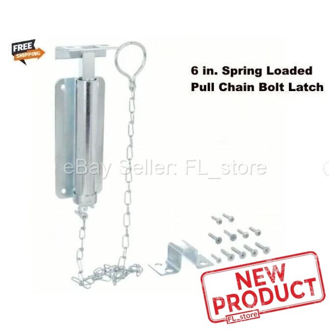 Pull Chain Bolt Latch 6" Zinc Finish Spring Loaded Barn Shed Gate Security NEW gallery