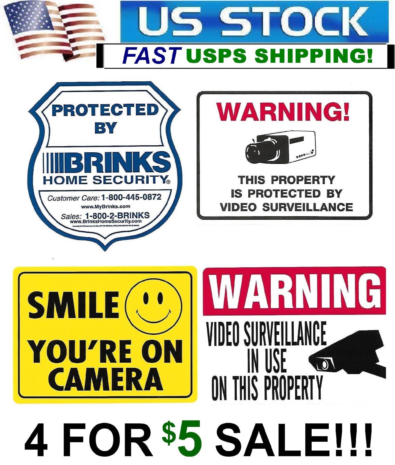 LOT OF 4 WINDOW WARNING STICKER DECALS BRINKS+SMILE+SECURITY CAMERA gallery