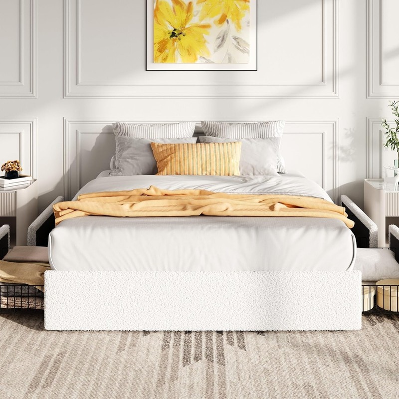 White Boucle Full Size Bed Frame with 4 Drawers, Easy Assembly gallery