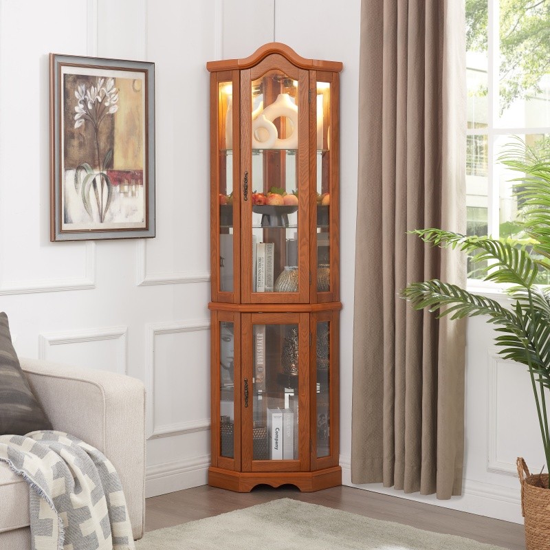 Lighted Glass Display Curio Cabinet Corner Cabinet w/Tempered Glass Door Shelves gallery