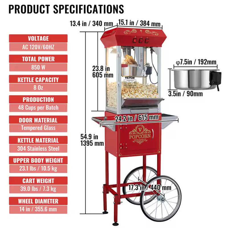 850-Watt 8 Oz. Red Popcorn Maker on Wheels Kettle Commercial Popcorn Machine wit gallery