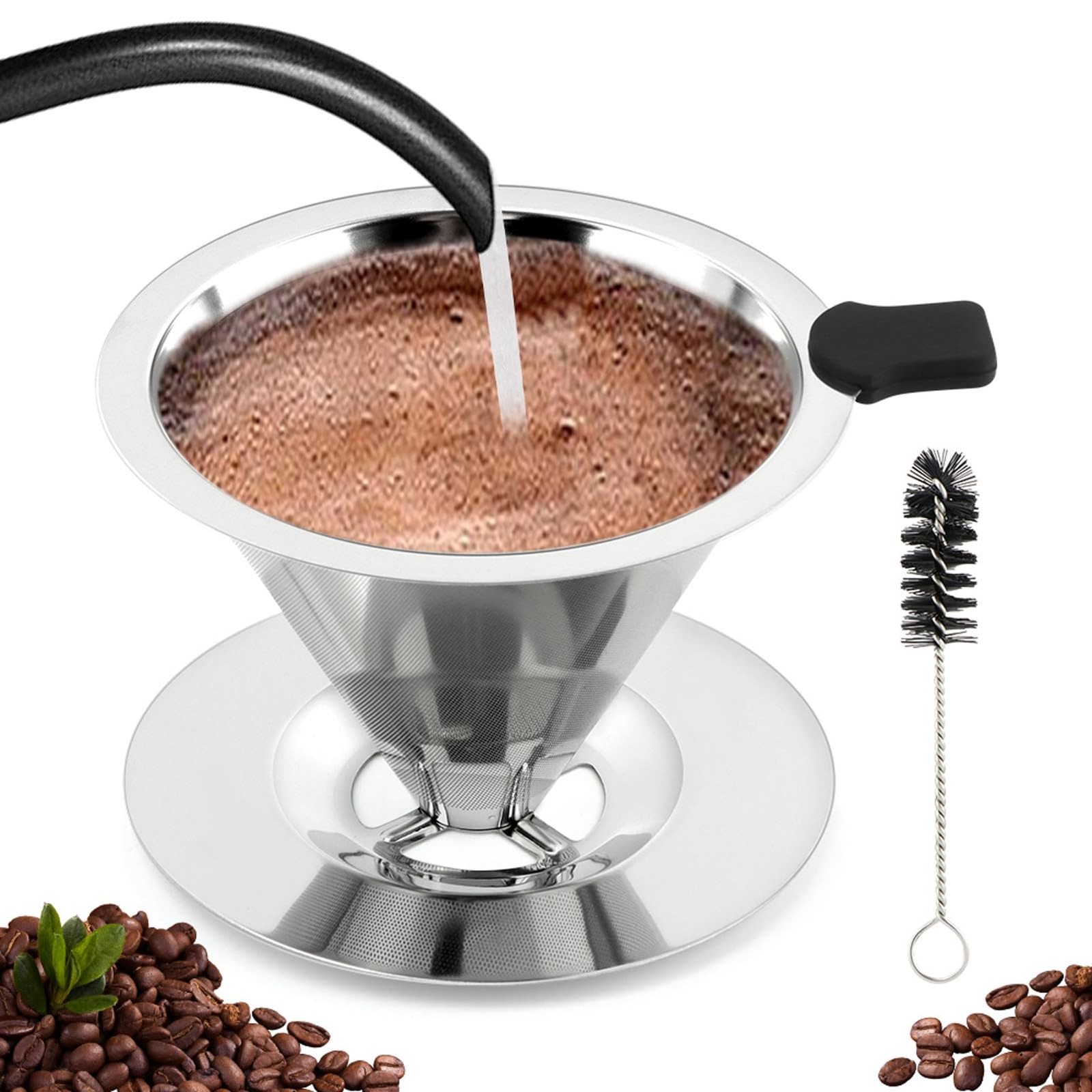 Pour Over Coffee Dripper Reusable Stainless Steel Double Mesh Filter With Brush gallery