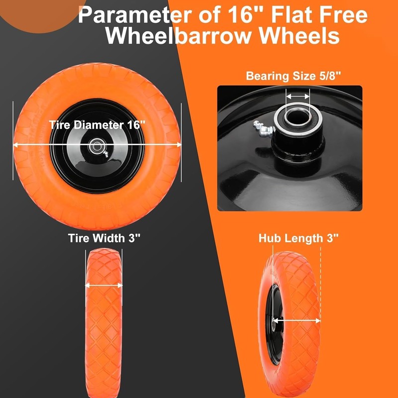 Upgraded 16" Solid Wheelbarrow Tires - 5/8"&3/4" Bearings gallery