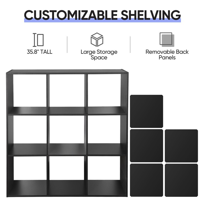 9 Cube Storage Organizer 3 Tier Stackable Wood Open Bookcase Display Shelf Black gallery