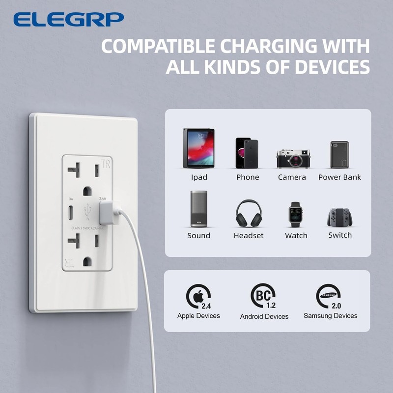 USB Charger Wall Outlet - 20 Amp Duplex Tamper Resistant Receptacle with USB ... gallery