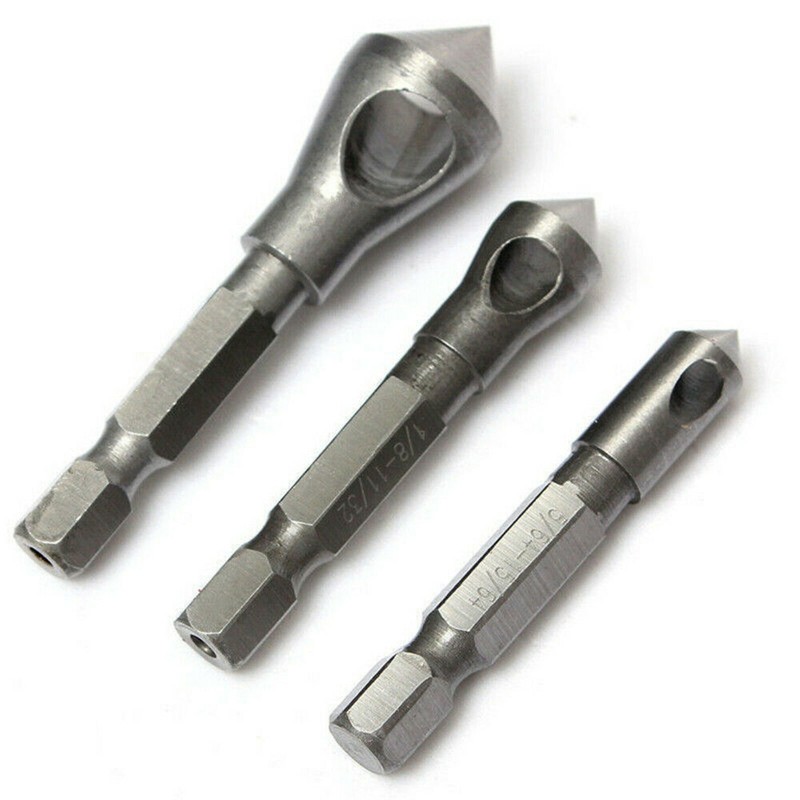 3Pcs Chamfer Countersink Deburring Drill Bits Set Kit Cutting Metal Wood Tool gallery