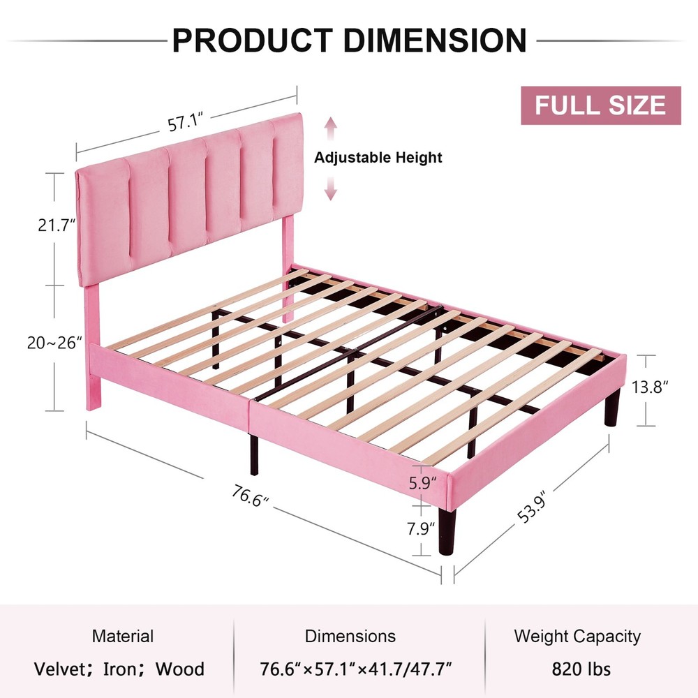 Vecelo Upholstered Platform Full Queen Bed Frame with Headboard Wooden Slat Pink