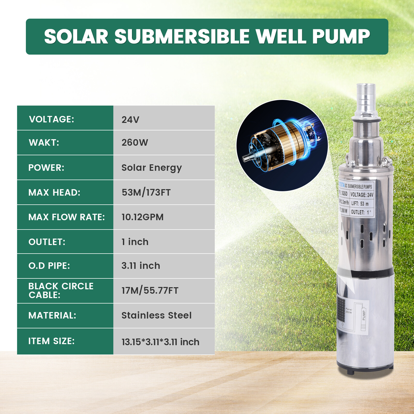 Solar Submersible Well Pump Deep Well Pump Stainless Steel 24V 260W 1" Outlet gallery