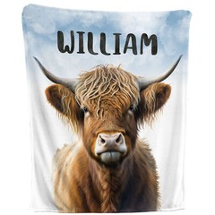 Highland Cow Blanket – Personalized Fleece Throw, Farm Nursery Kids Baby Gift