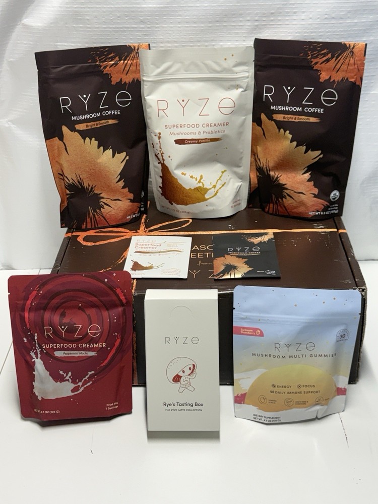 RYZE Coffee Ritual Set Kit Bundle Mushroom Creamers Latte Gummies Wood Canister