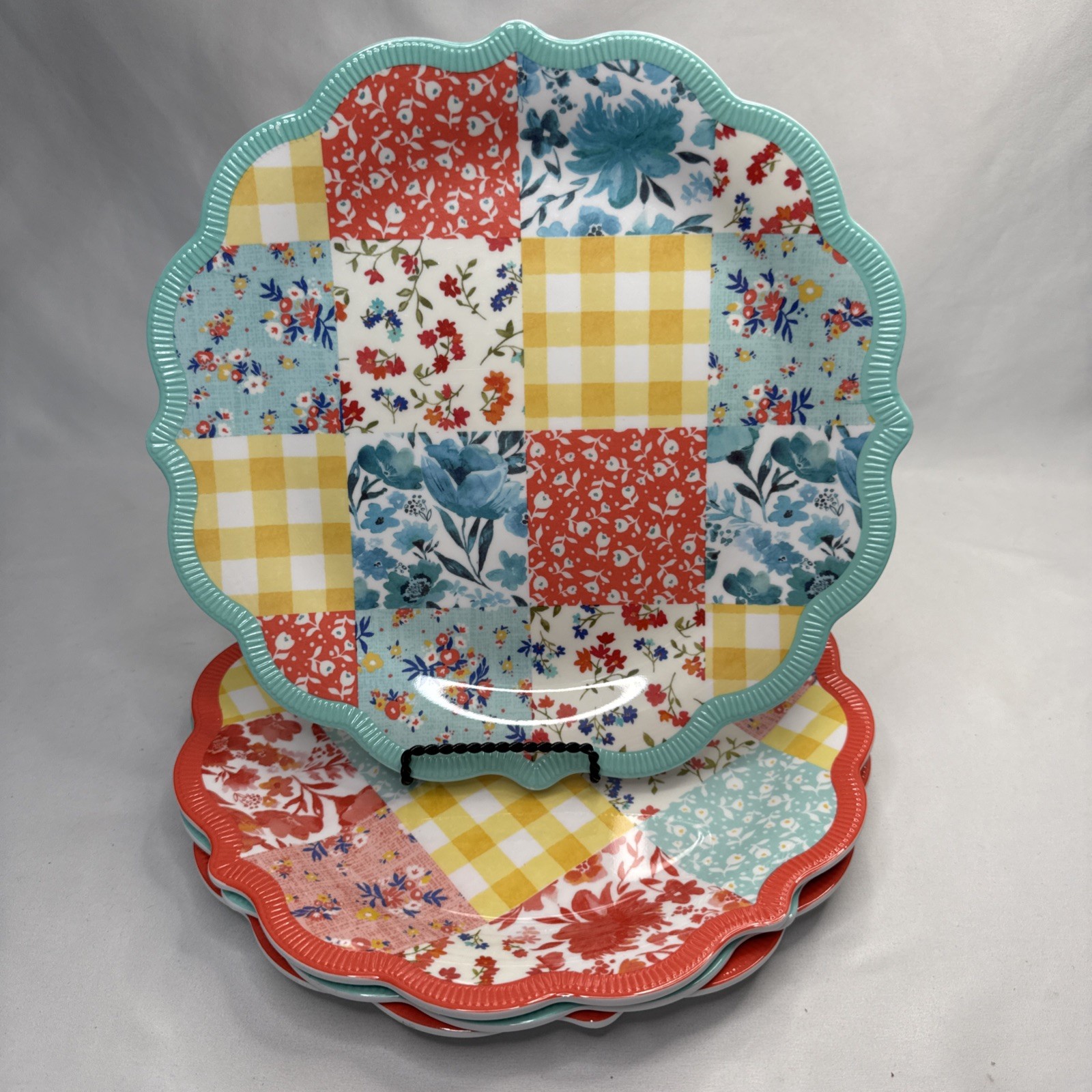 Pioneer Woman Patchwork Medley Melamine Dinner Plates Set Of 4 Teal & Coral gallery