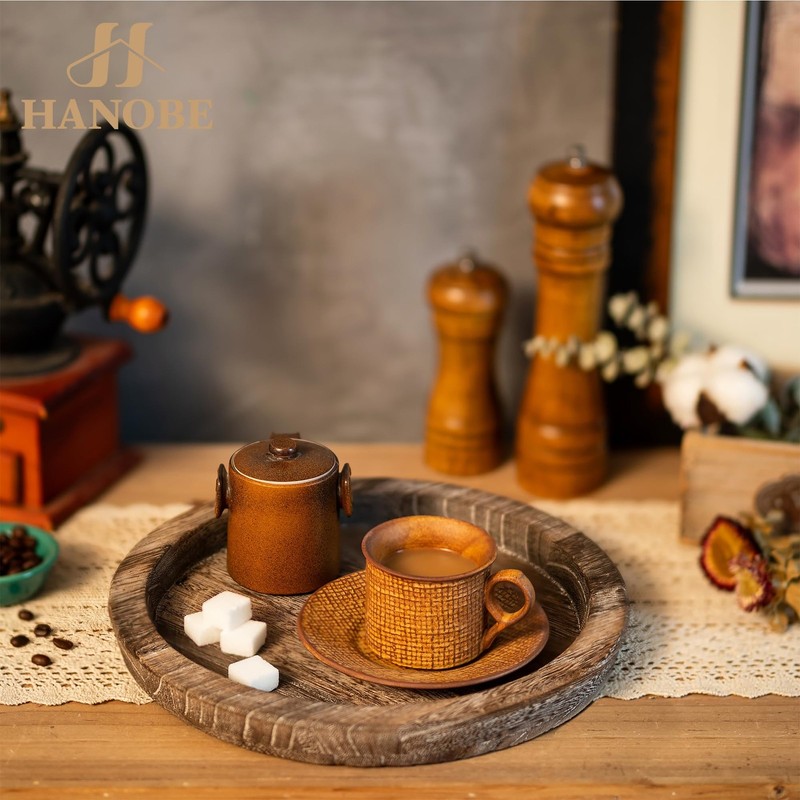 Hanobe Rustic Wooden Serving Tray-Round Wood Butler Decorative Tray Vintage gallery