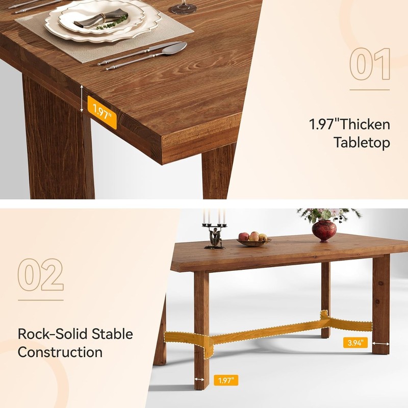 63-Inch Solid Wood Dining Table Farmhouse Rectangle Kitchen Table for 4-6 People gallery