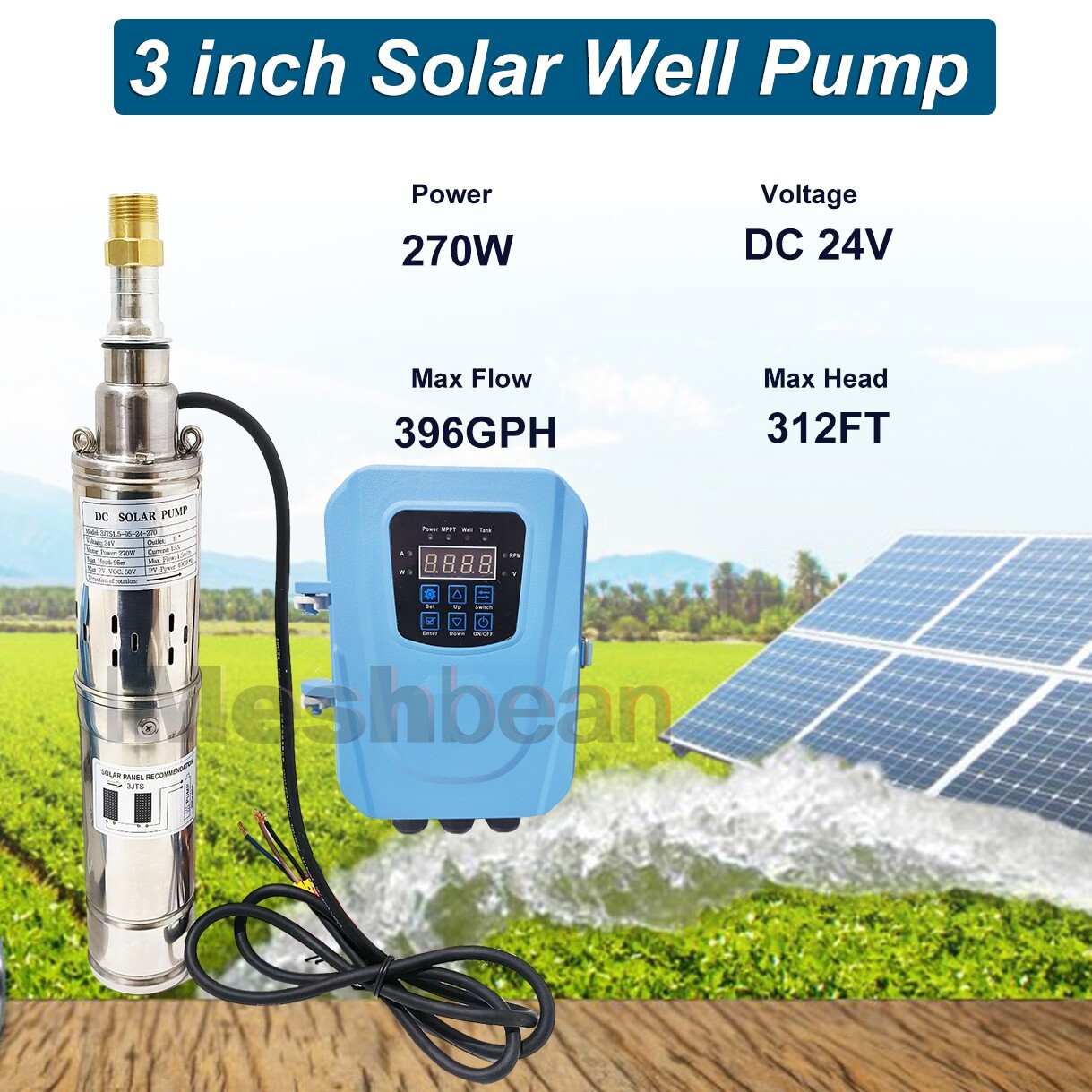 3" DC 24V Solar Pump Submersible Pump Bore 270W Deep Well Pump + MPPT Controller gallery