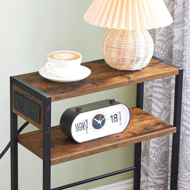 Small Narrow Side Table with Charging Station, Skinny End Table for Small Spaces gallery