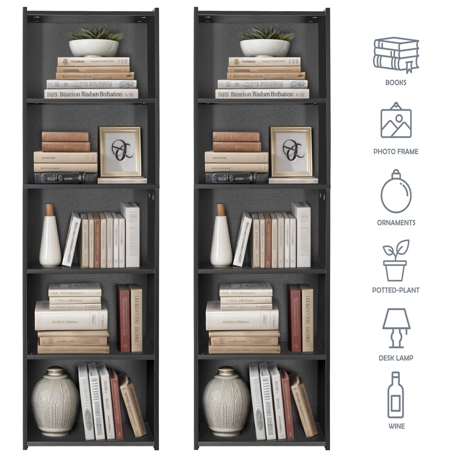 2PCS Organizer MDF Bookshelf Open Shelf Bookcase Storage Shelf 5-Tier Home Black gallery