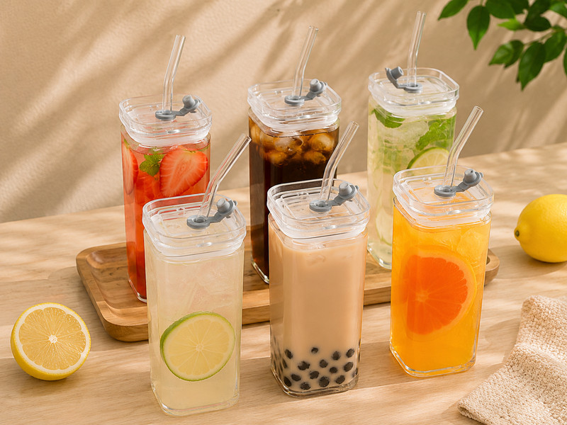 6 Pack 13oz Square Drinking Glasses with Lids and Bent Glass Straws, Reusable Gl gallery