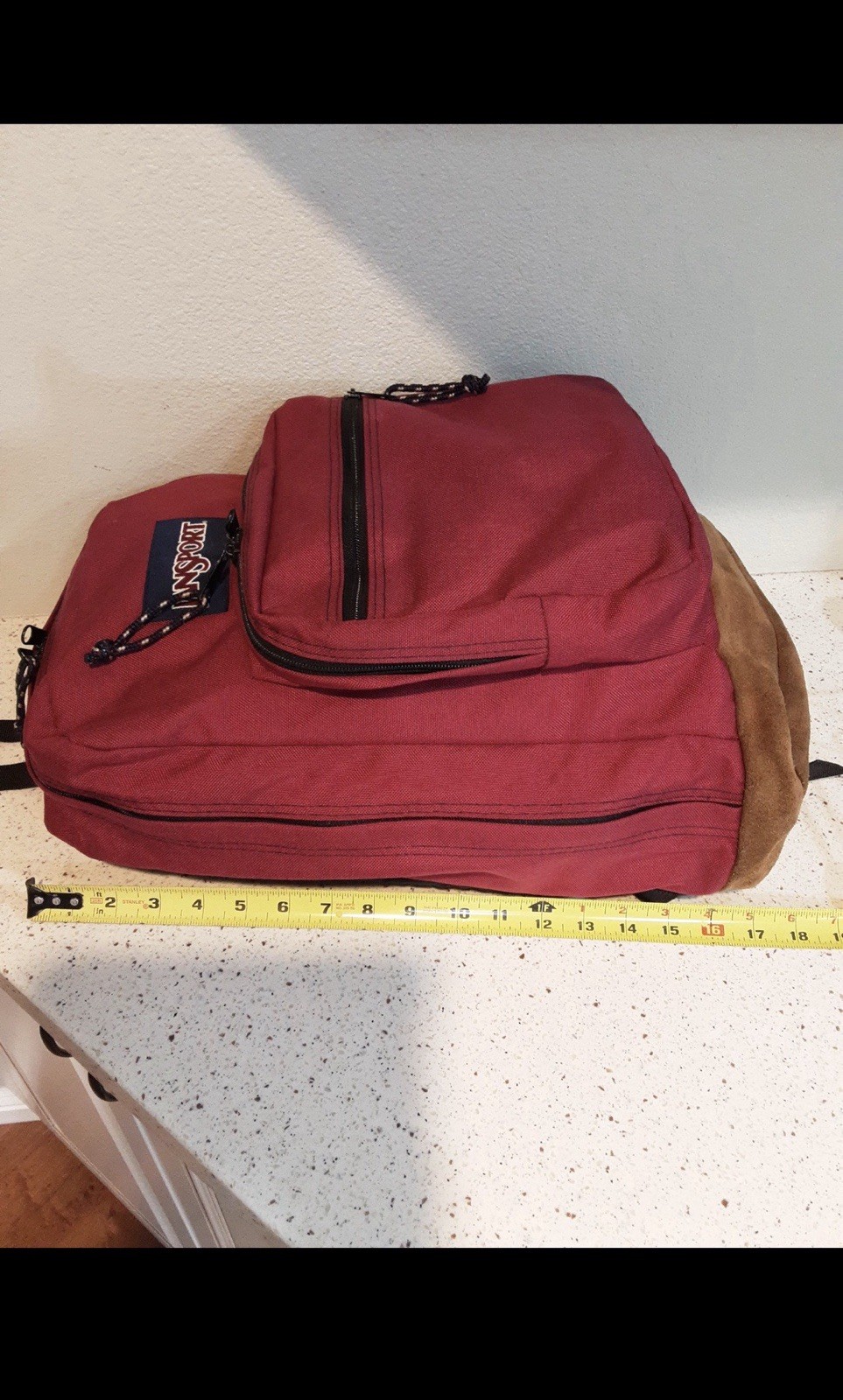 JanSport Red Hiking Backpack Brown Suede Bottom Adjustable Straps Pockets 3