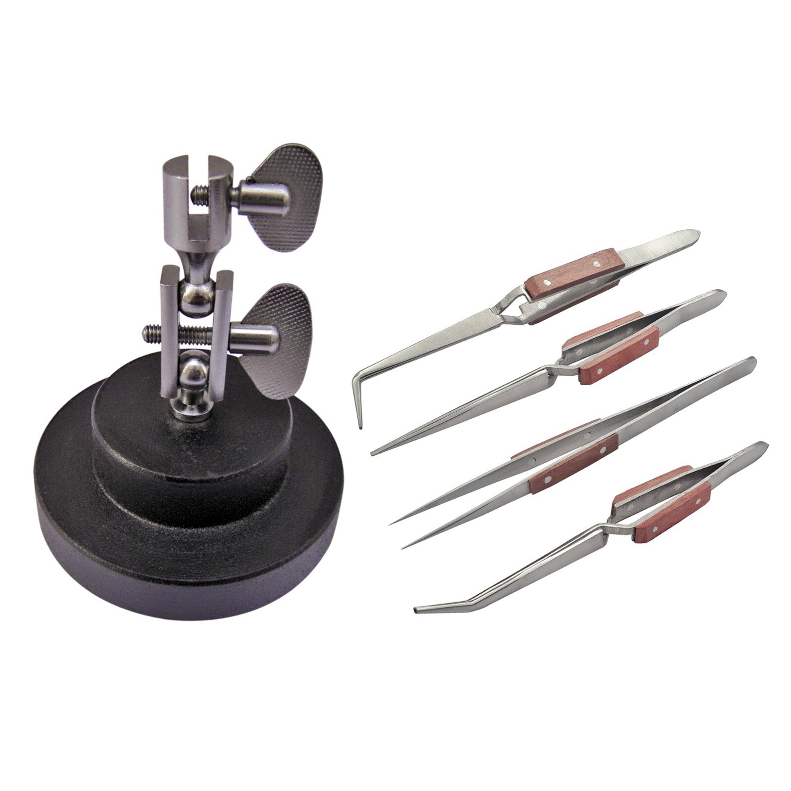 3rd Hand Base with 4 Pc Tweezers Jewelry Soldering Fiber Grip Cross Locking Set gallery
