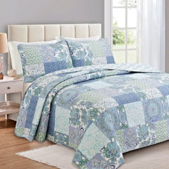 Quilt Set Twin Patchwork Floral Blue Green Reversible Cotton 2 Piece Bedding