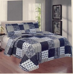3-Piece Queen Size Printed Patchwork Cotton Quilt Set – Navy Flower Floral Strip