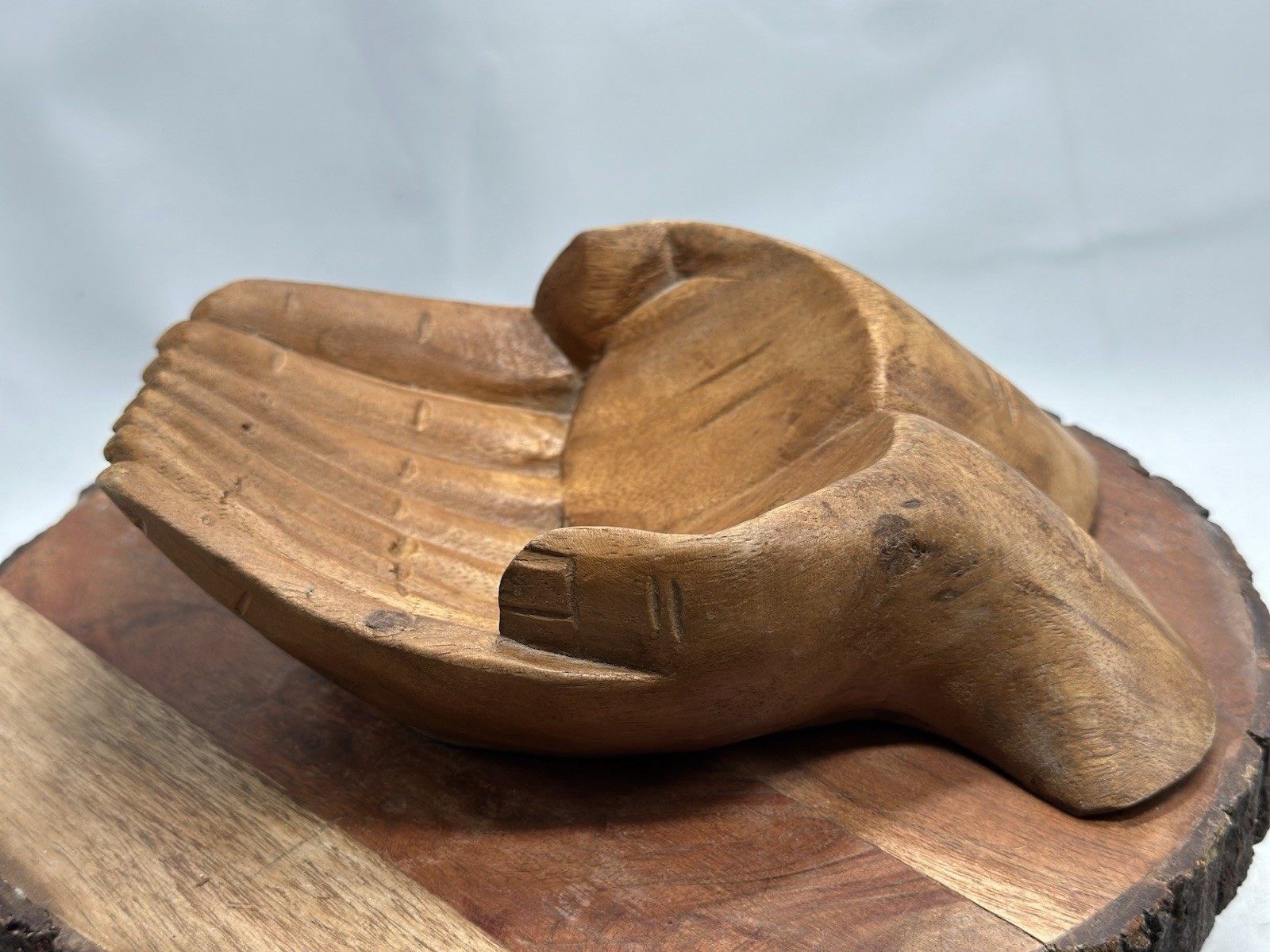 Hand Carved Handmade Wooden Cupped Offering Healing Hands Display Bowl gallery