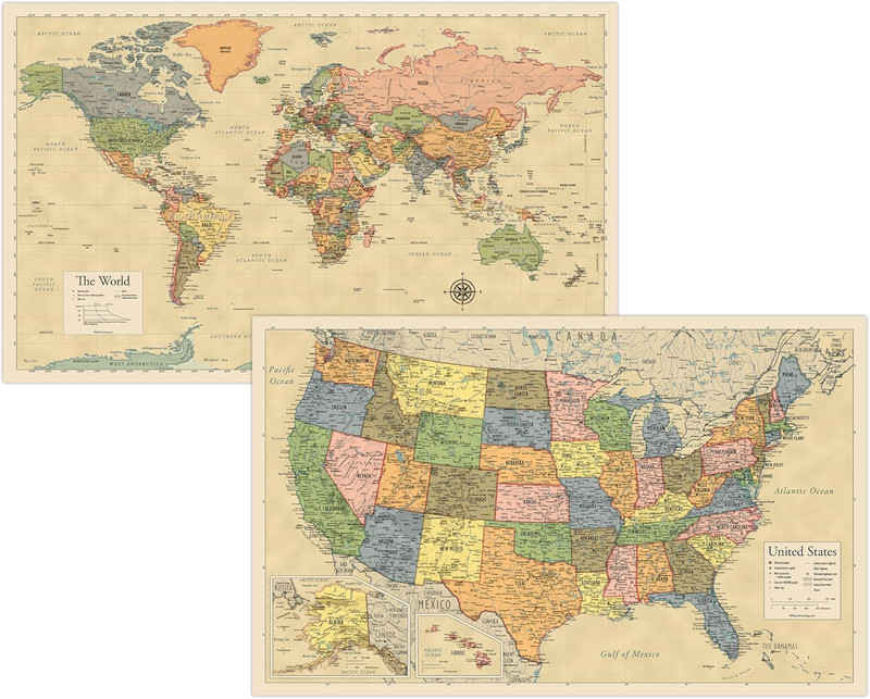 2 Pack - Laminated World Map & US Map Poster Set - Wall Chart Map of the World & gallery