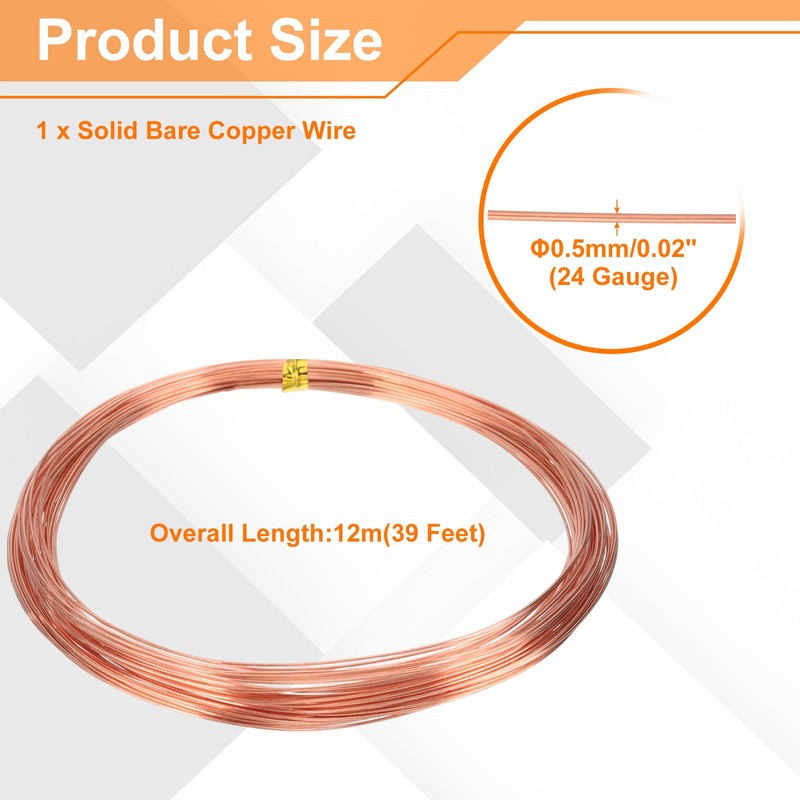 39Ft 12m 24 Gauge (0.5mm) 99.9% Solid Bare Pure Copper Wire Soft gallery